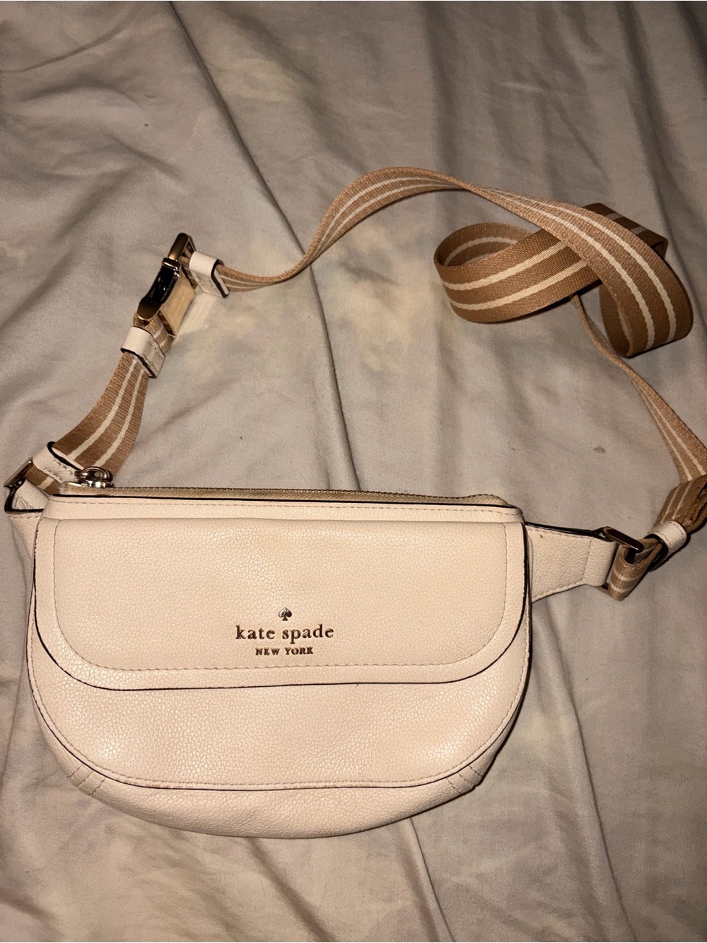 kate spade Cream Pebbled Leather Crossbody Belt Bag with Striped Strap